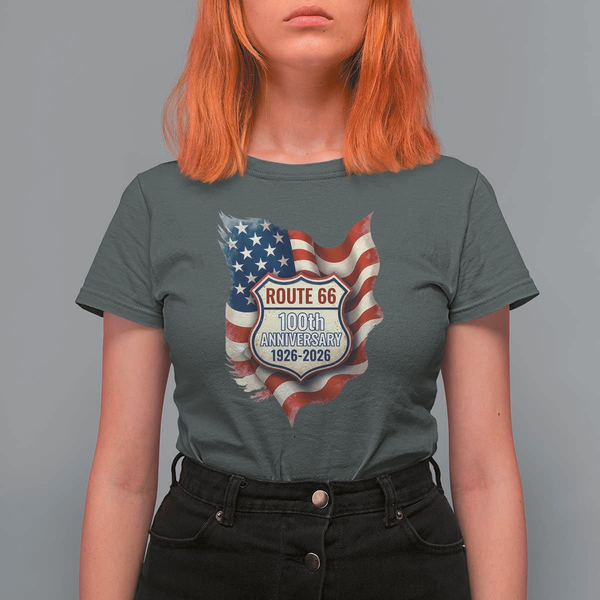 Route Highway 66 Centennial T Shirt For Women Vintage American Flag Patriotic Gift