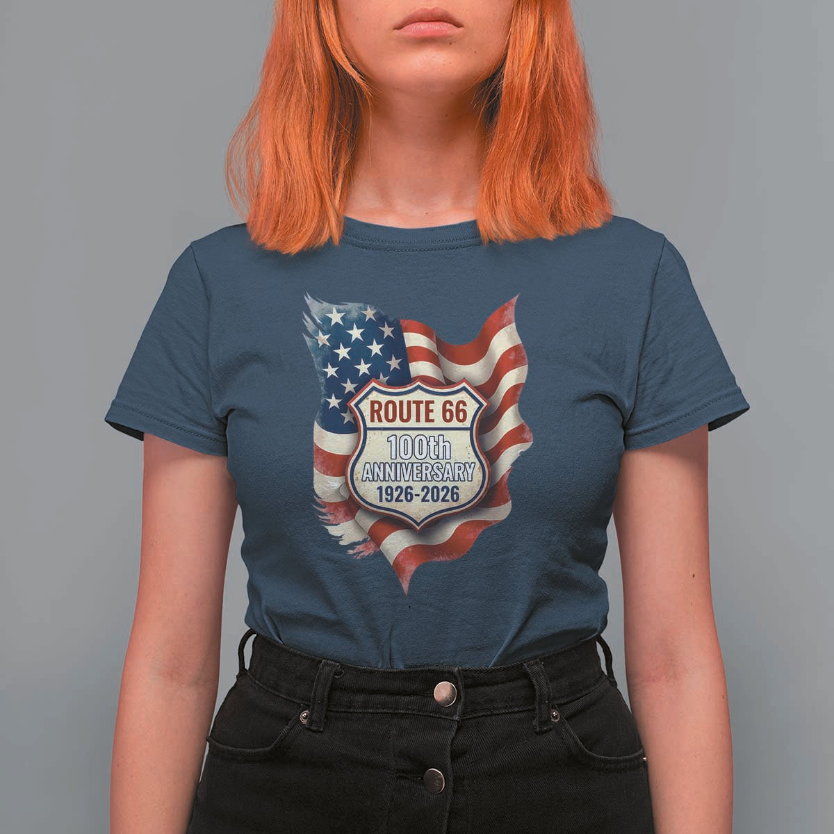 Route Highway 66 Centennial T Shirt For Women Vintage American Flag Patriotic Gift