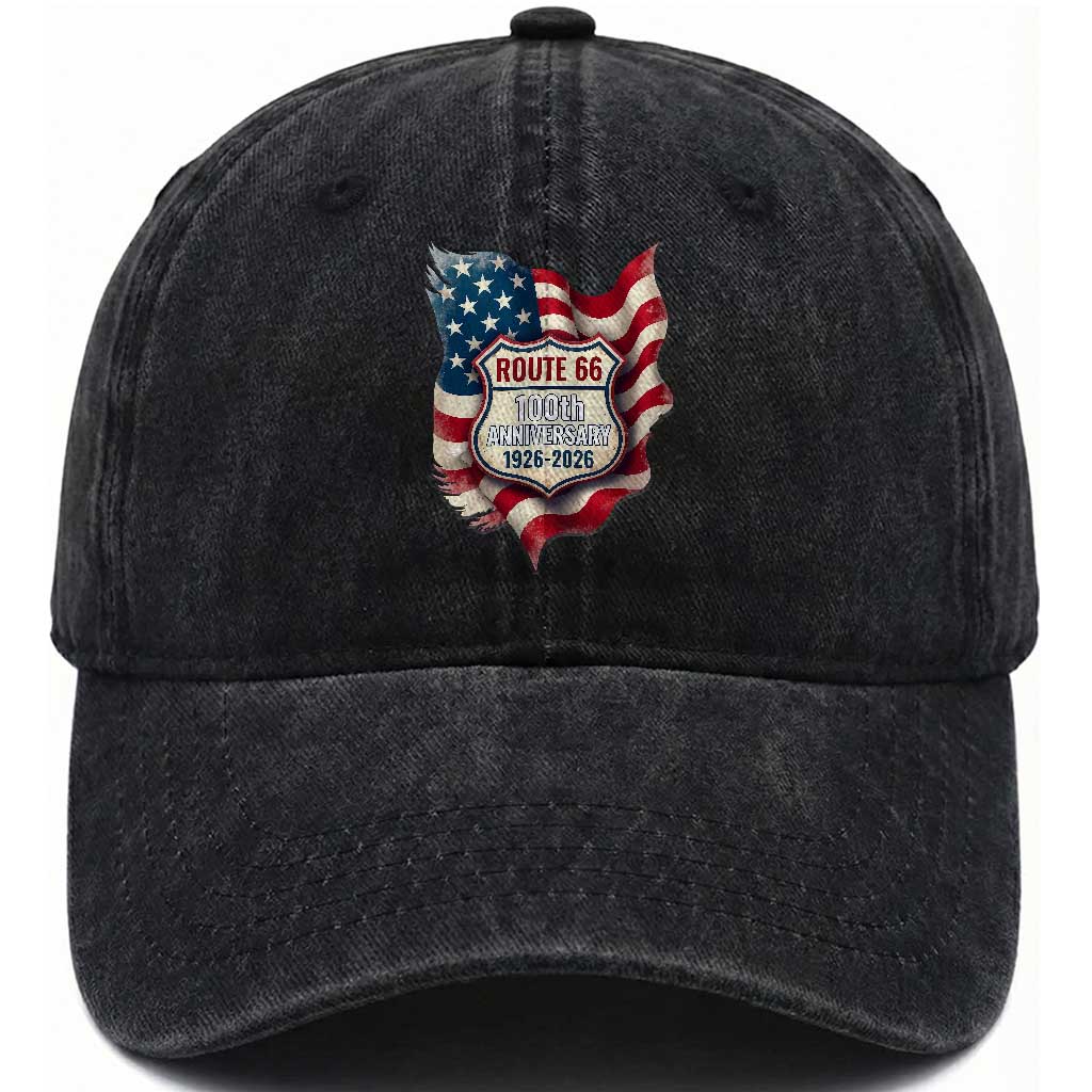 Route Highway 66 Centennial Washed Cotton Baseball Cap Vintage American Flag Patriotic Gift
