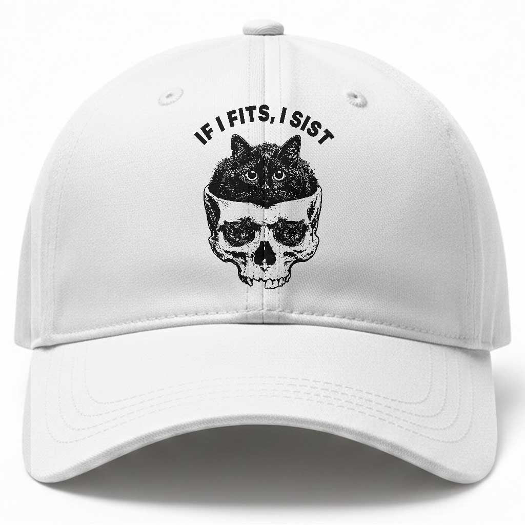 If I Fits I Sits Black Cat Skull Baseball Cap Gothic Dark Humor Gift