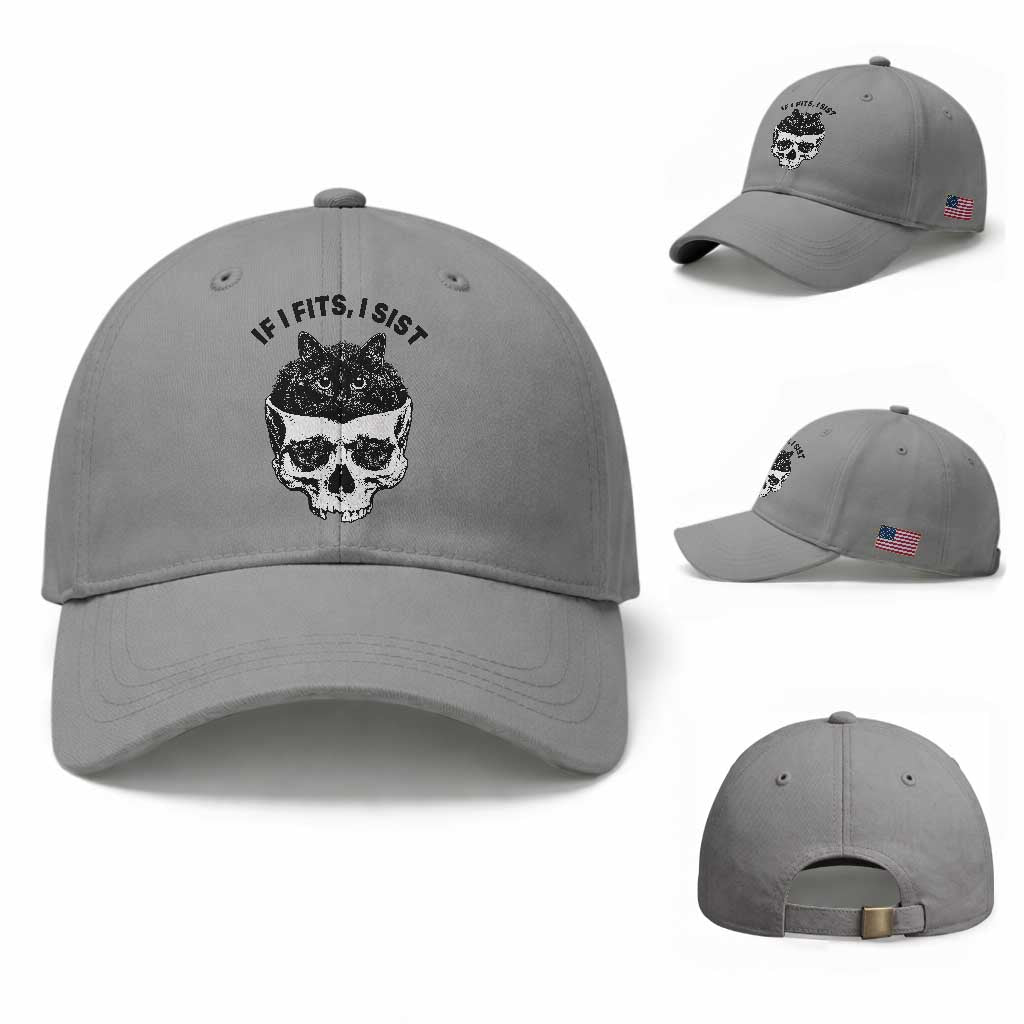 If I Fits I Sits Black Cat Skull Baseball Cap Gothic Dark Humor Gift
