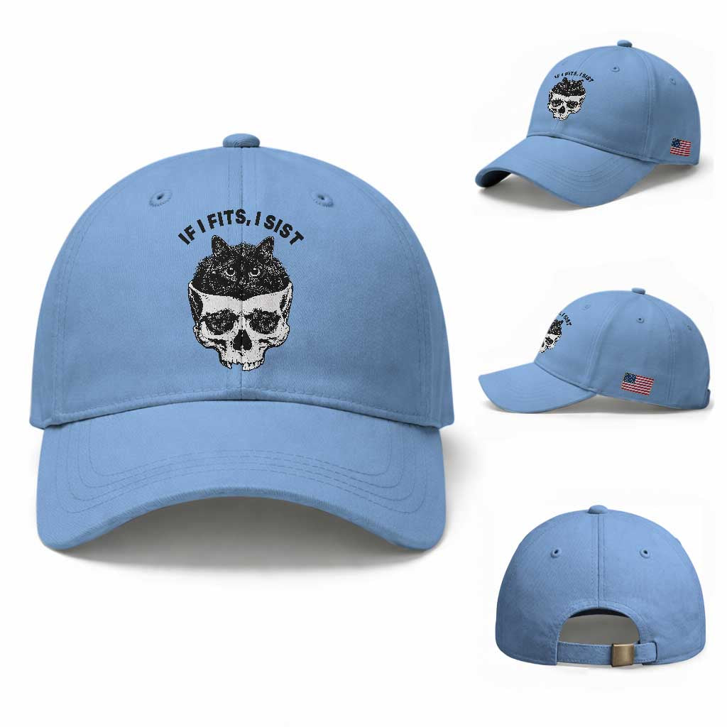 If I Fits I Sits Black Cat Skull Baseball Cap Gothic Dark Humor Gift