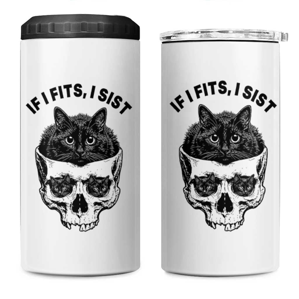 If I Fits I Sits Black Cat Skull 4 in 1 Can Cooler Tumbler Gothic Dark Humor Gift