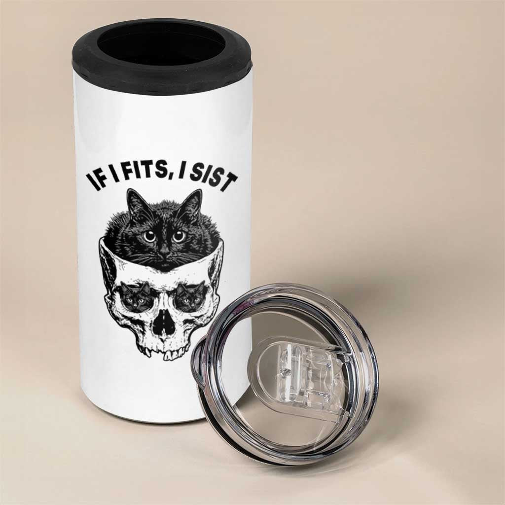 If I Fits I Sits Black Cat Skull 4 in 1 Can Cooler Tumbler Gothic Dark Humor Gift