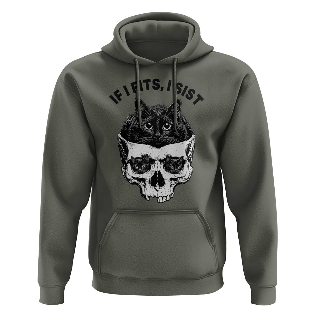 If I Fits I Sits Black Cat Skull Hoodie Gothic Dark Humor Gift