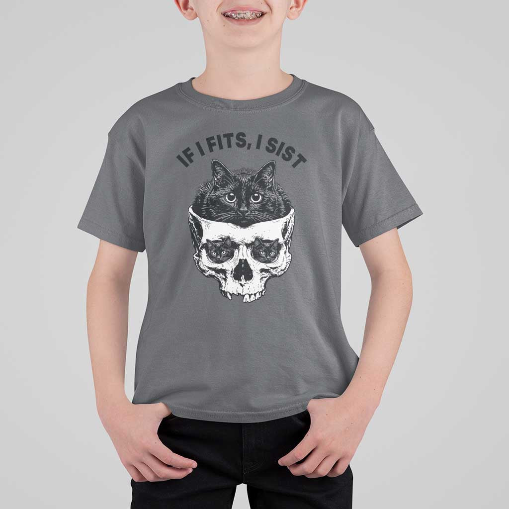 If I Fits I Sits Black Cat Skull T Shirt For Kid Gothic Dark Humor Gift