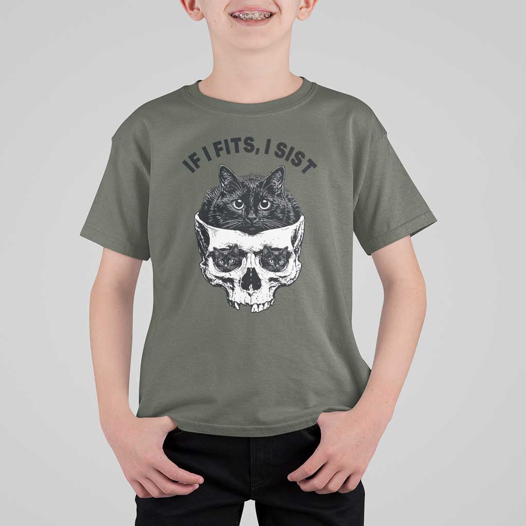 If I Fits I Sits Black Cat Skull T Shirt For Kid Gothic Dark Humor Gift