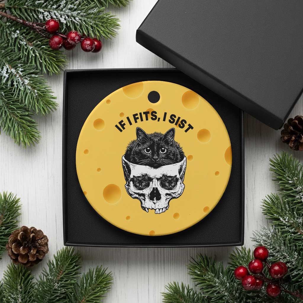 If I Fits I Sits Black Cat Skull Ceramic Ornament Gothic Dark Humor Gift