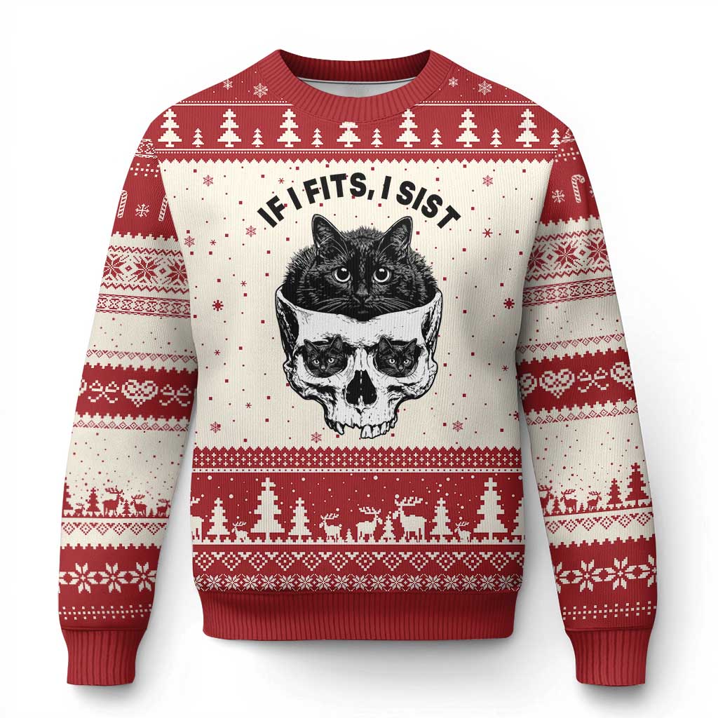 If I Fits I Sits Black Cat Skull Ugly Christmas Sweater Gothic Dark Humor Gift