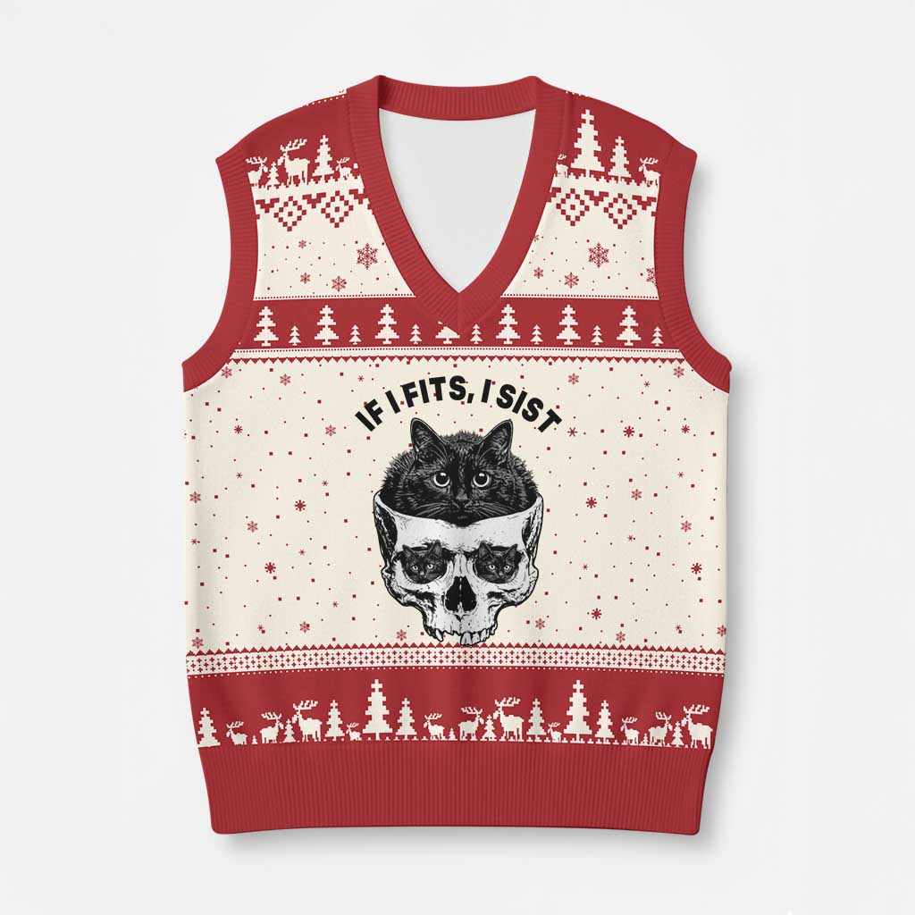 If I Fits I Sits Black Cat Skull V-Neck Knit Sweater Vest Gothic Dark Humor Gift