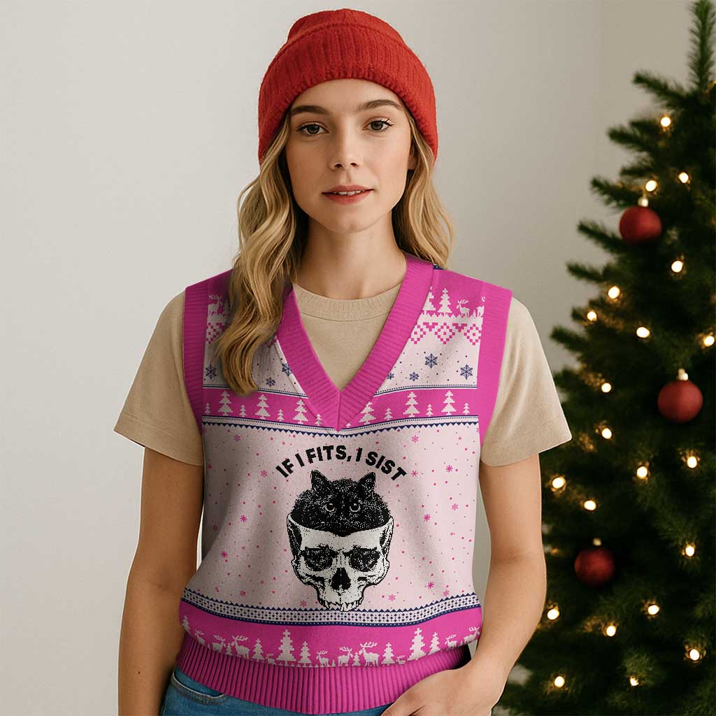 If I Fits I Sits Black Cat Skull V-Neck Knit Sweater Vest Gothic Dark Humor Gift