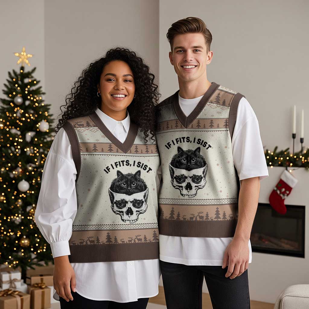 If I Fits I Sits Black Cat Skull V-Neck Knit Sweater Vest Gothic Dark Humor Gift