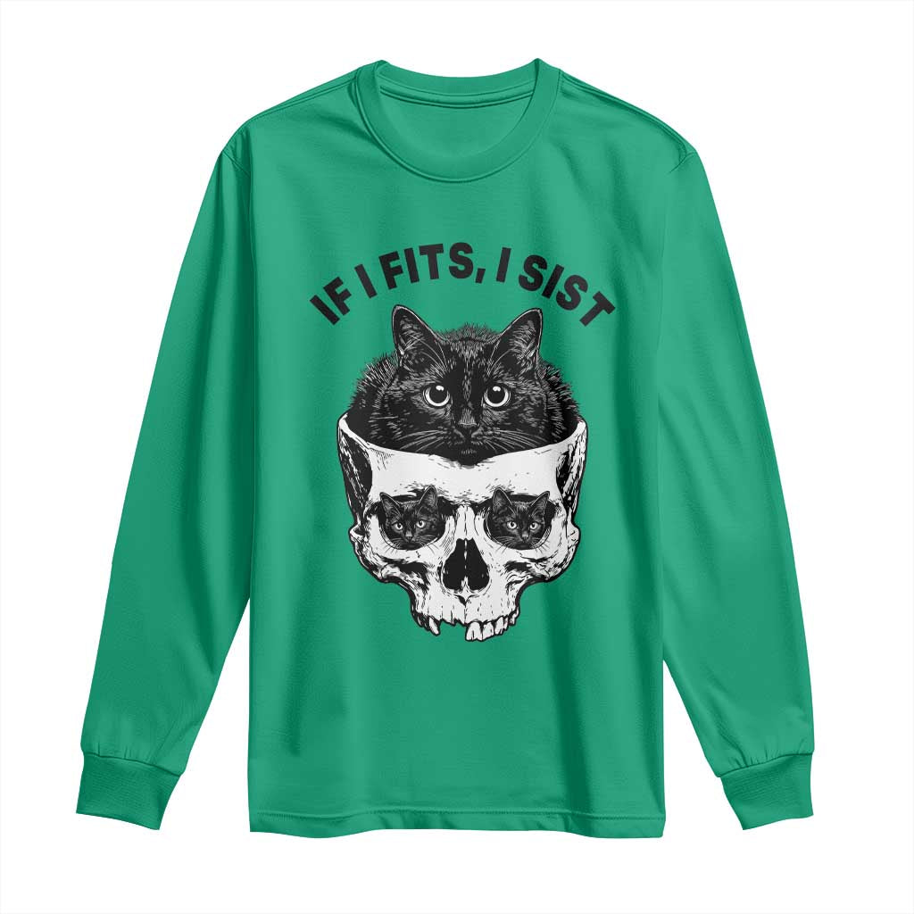 If I Fits I Sits Black Cat Skull Long Sleeve Shirt Gothic Dark Humor Gift