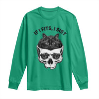 If I Fits I Sits Black Cat Skull Long Sleeve Shirt Gothic Dark Humor Gift