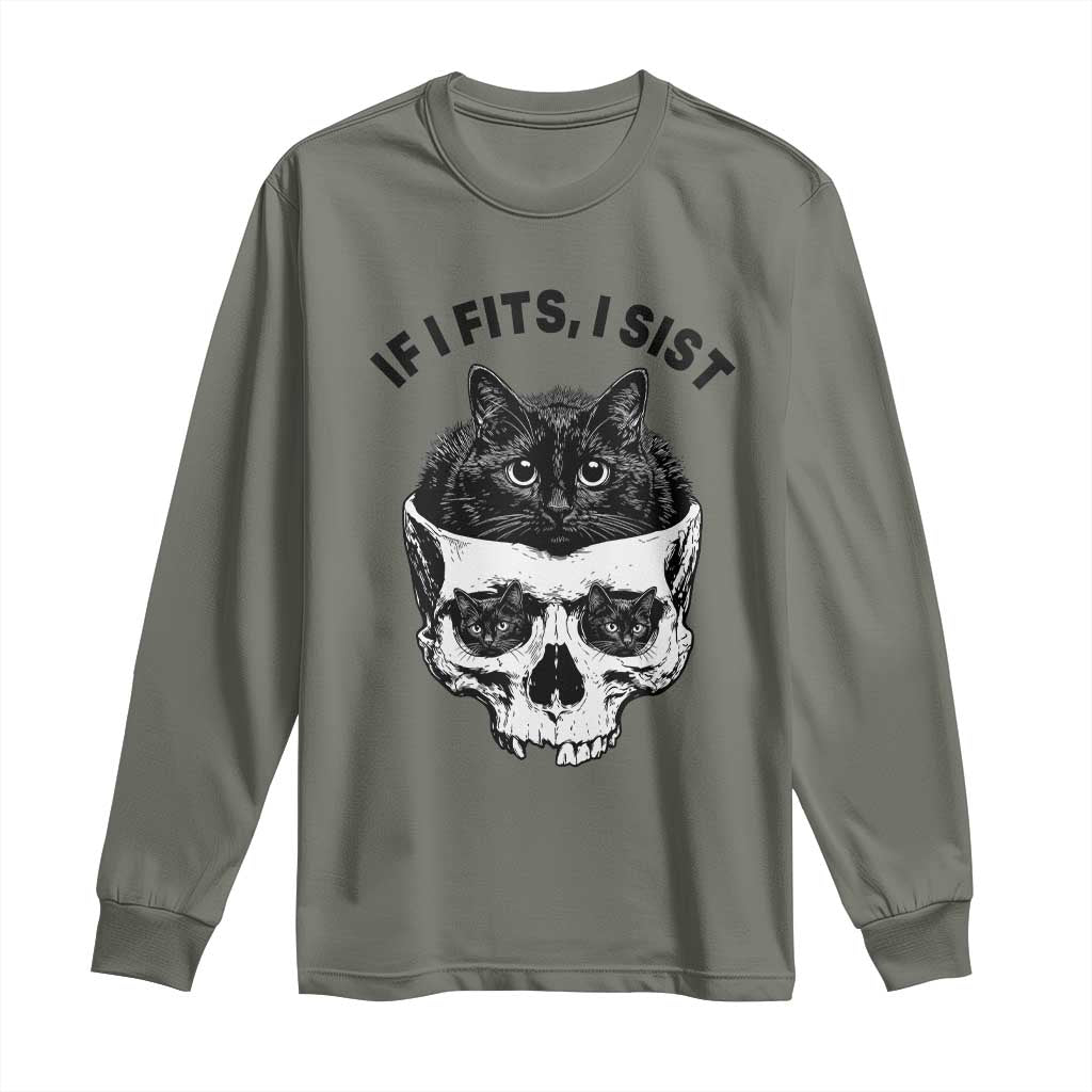 If I Fits I Sits Black Cat Skull Long Sleeve Shirt Gothic Dark Humor Gift