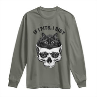 If I Fits I Sits Black Cat Skull Long Sleeve Shirt Gothic Dark Humor Gift