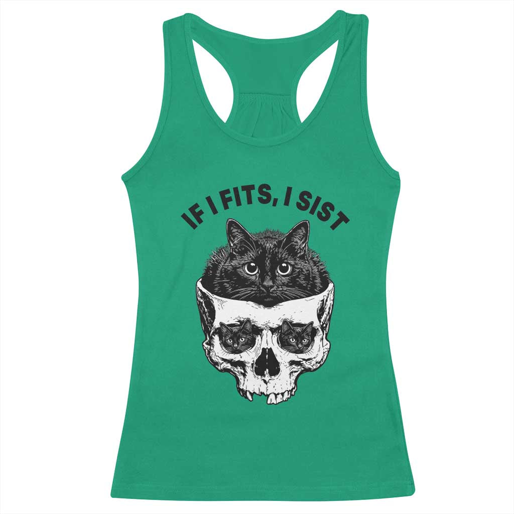 If I Fits I Sits Black Cat Skull Racerback Tank Top Gothic Dark Humor Gift