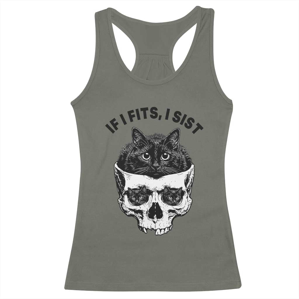 If I Fits I Sits Black Cat Skull Racerback Tank Top Gothic Dark Humor Gift