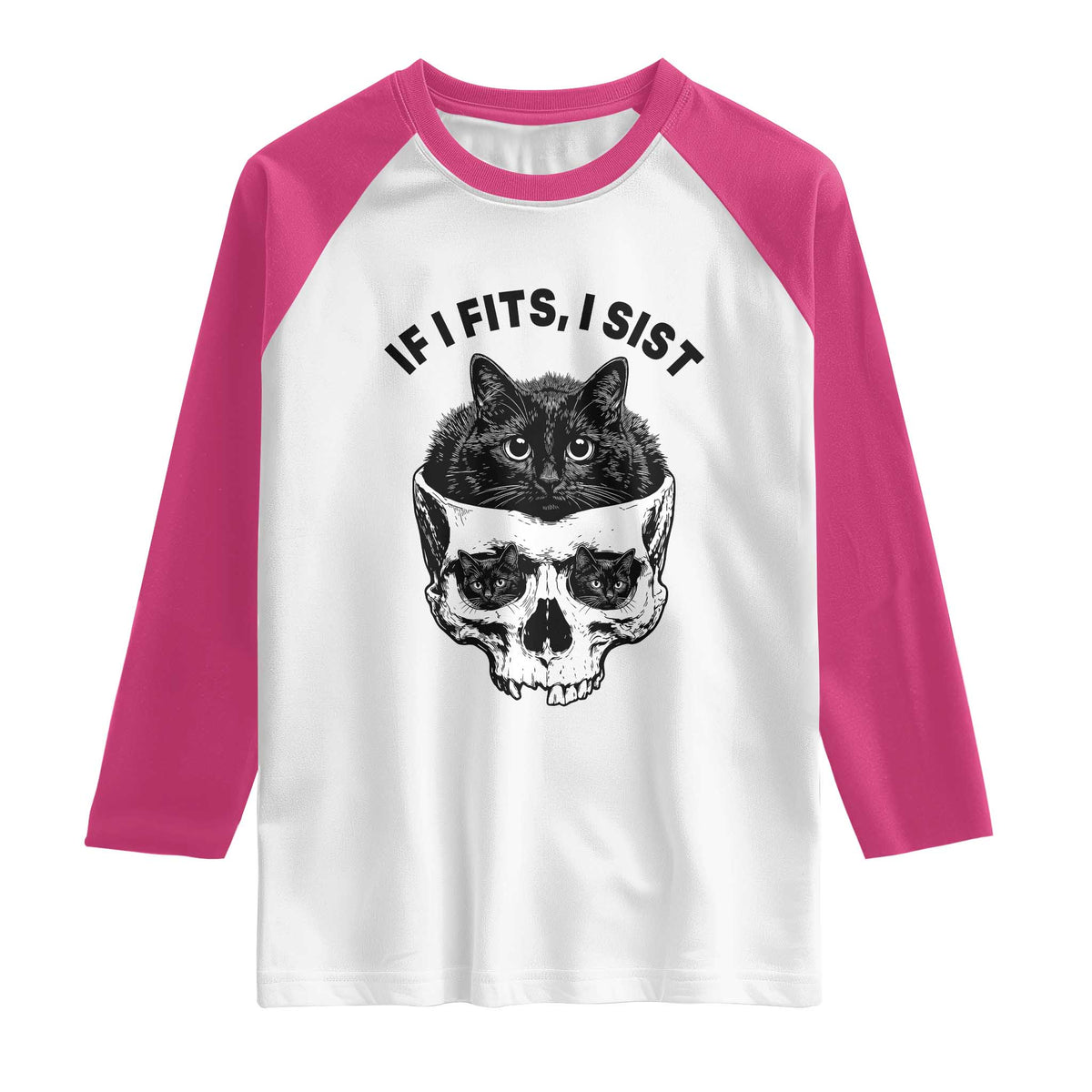 If I Fits I Sits Black Cat Skull Raglan Shirt Gothic Dark Humor Gift