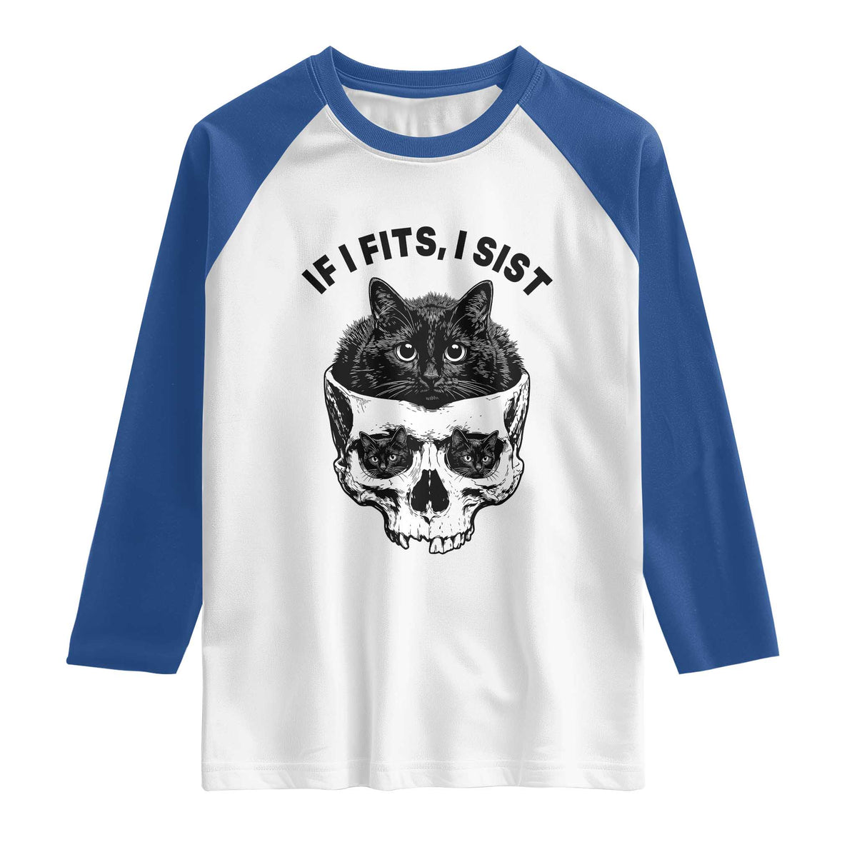 If I Fits I Sits Black Cat Skull Raglan Shirt Gothic Dark Humor Gift