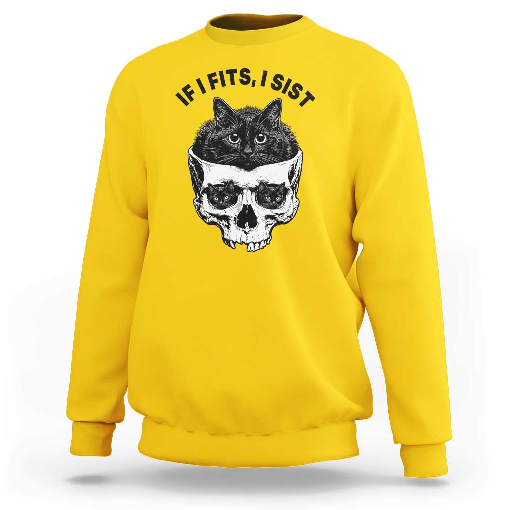 If I Fits I Sits Black Cat Skull Sweatshirt Gothic Dark Humor Gift