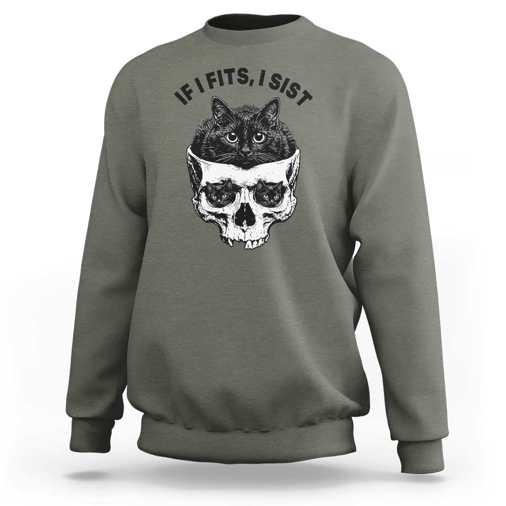 If I Fits I Sits Black Cat Skull Sweatshirt Gothic Dark Humor Gift