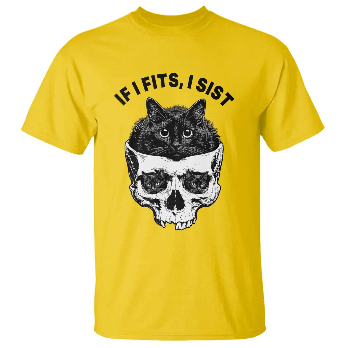 If I Fits I Sits Black Cat Skull T Shirt Gothic Dark Humor Gift