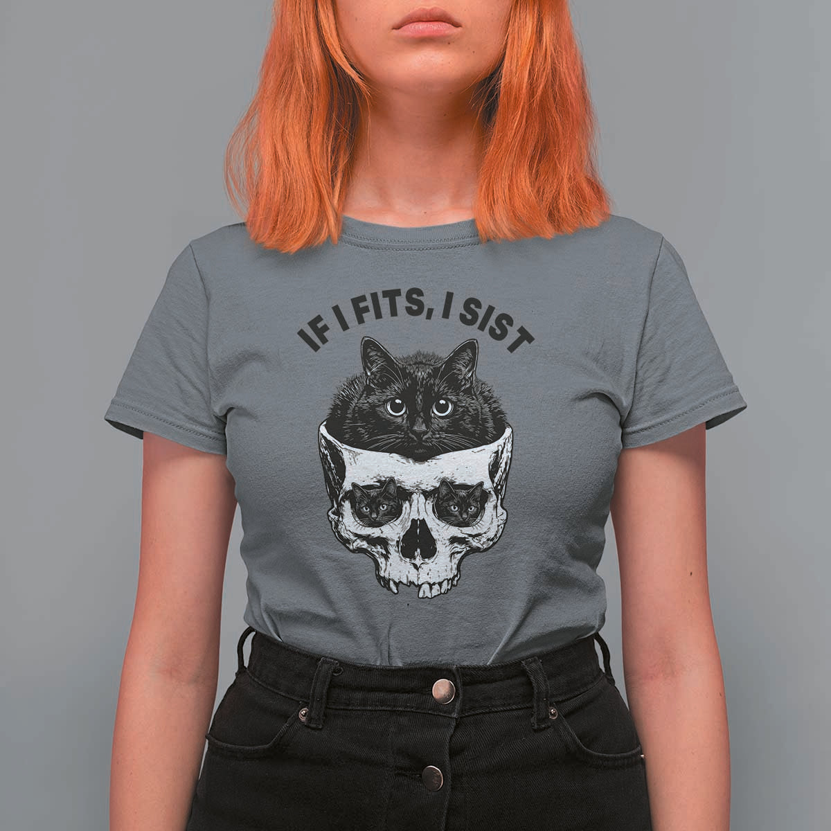 If I Fits I Sits Black Cat Skull T Shirt For Women Gothic Dark Humor Gift