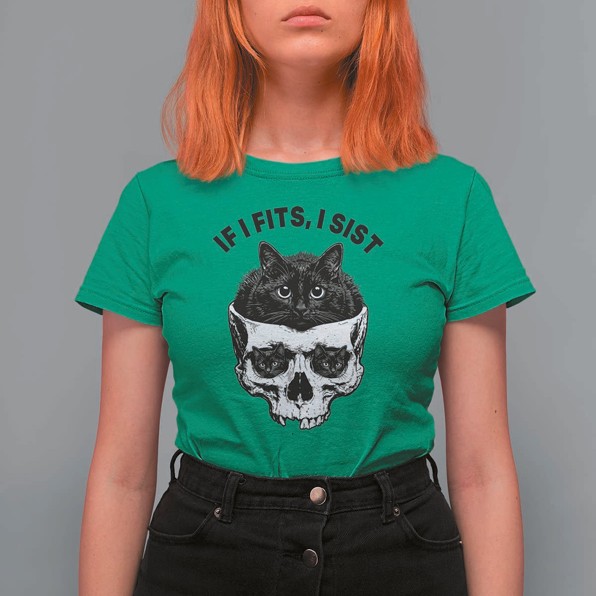 If I Fits I Sits Black Cat Skull T Shirt For Women Gothic Dark Humor Gift