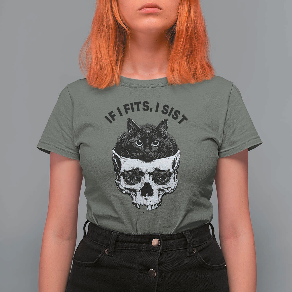 If I Fits I Sits Black Cat Skull T Shirt For Women Gothic Dark Humor Gift