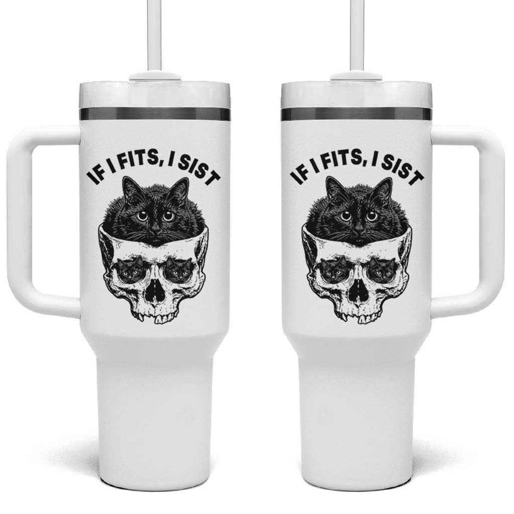If I Fits I Sits Black Cat Skull Tumbler With Handle Gothic Dark Humor Gift