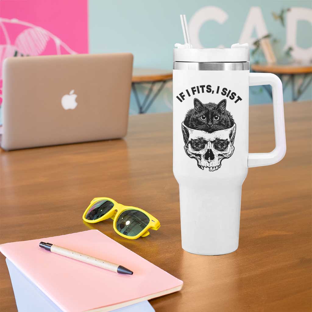 If I Fits I Sits Black Cat Skull Tumbler With Handle Gothic Dark Humor Gift