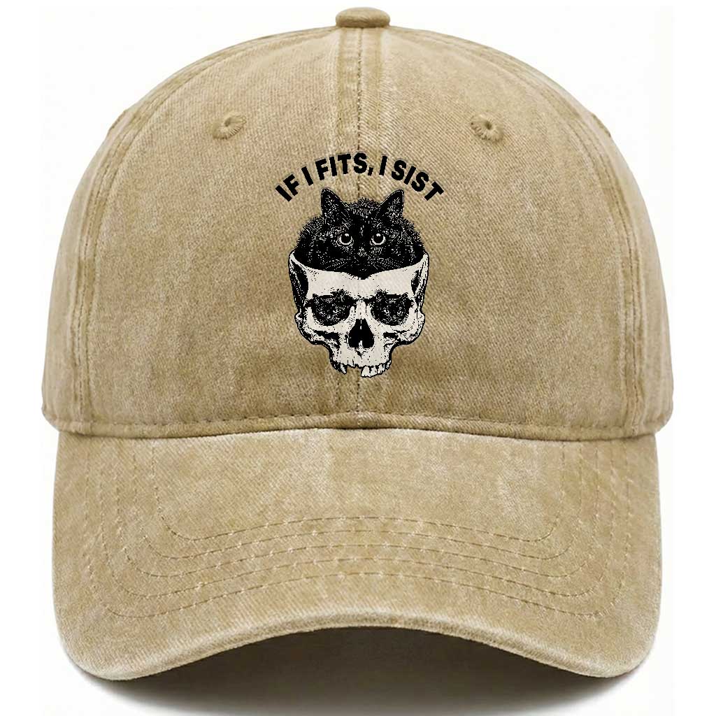If I Fits I Sits Black Cat Skull Washed Cotton Baseball Cap Gothic Dark Humor Gift