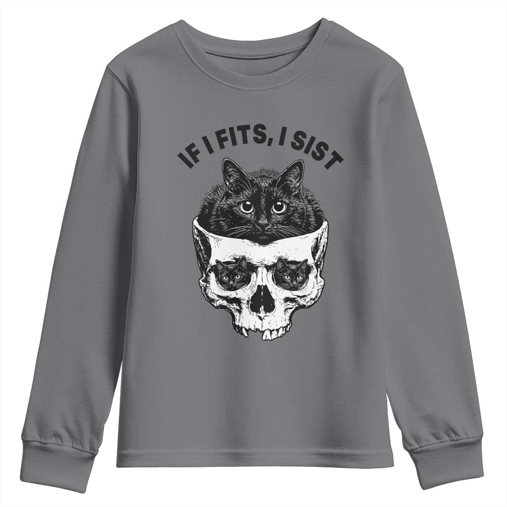 If I Fits I Sits Black Cat Skull Youth Sweatshirt Gothic Dark Humor Gift