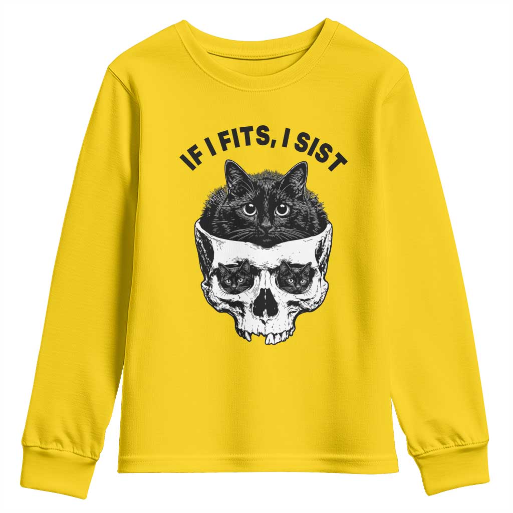 If I Fits I Sits Black Cat Skull Youth Sweatshirt Gothic Dark Humor Gift