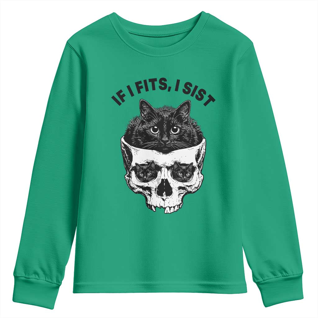 If I Fits I Sits Black Cat Skull Youth Sweatshirt Gothic Dark Humor Gift