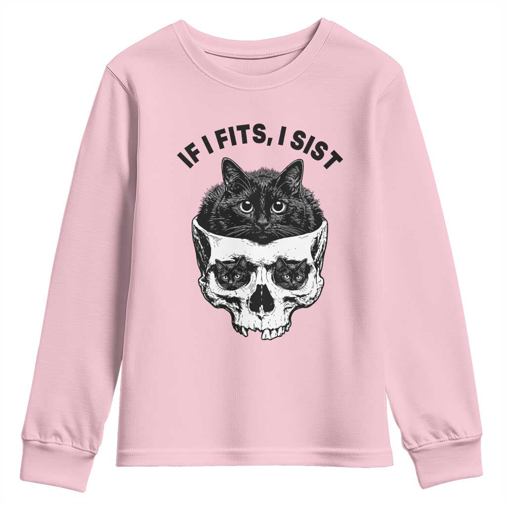 If I Fits I Sits Black Cat Skull Youth Sweatshirt Gothic Dark Humor Gift