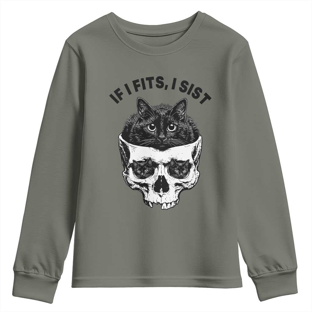 If I Fits I Sits Black Cat Skull Youth Sweatshirt Gothic Dark Humor Gift