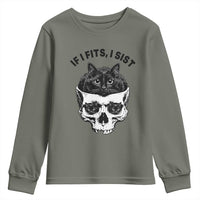 If I Fits I Sits Black Cat Skull Youth Sweatshirt Gothic Dark Humor Gift