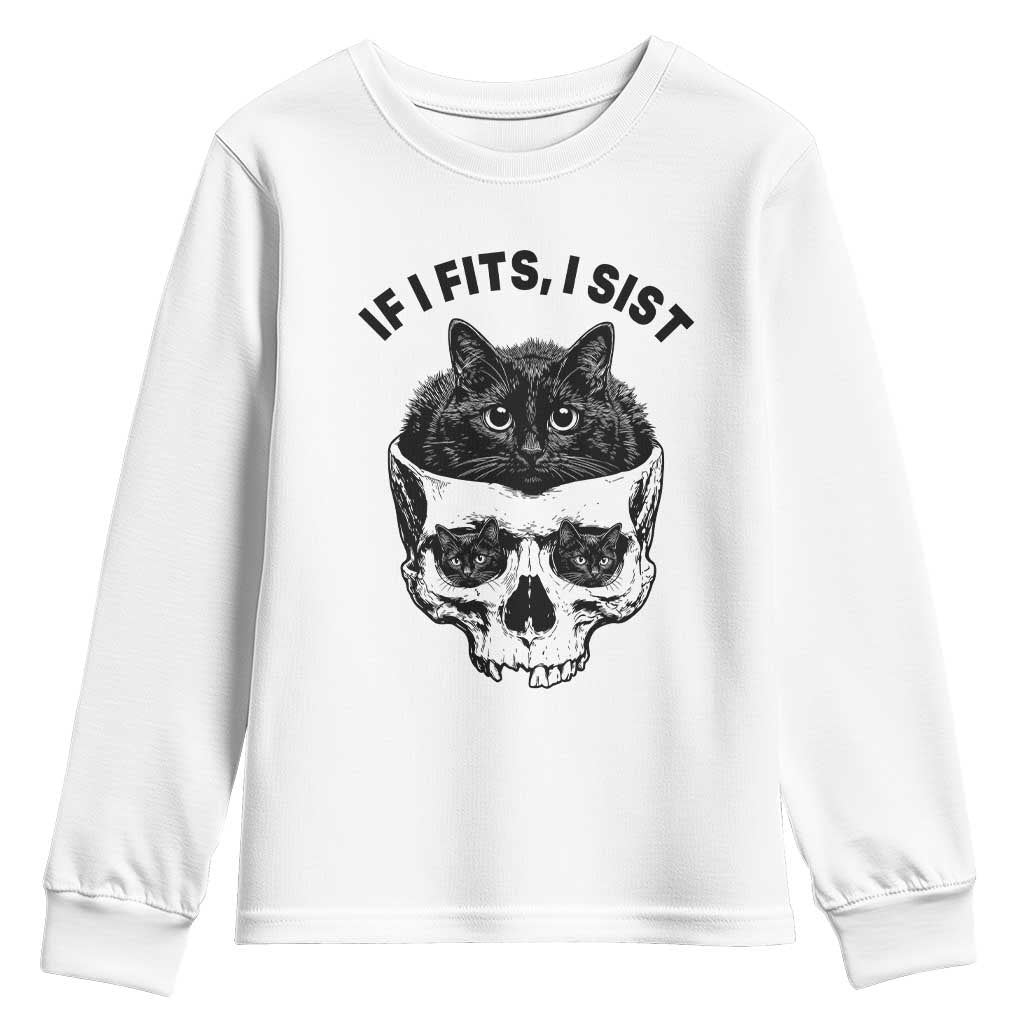 If I Fits I Sits Black Cat Skull Youth Sweatshirt Gothic Dark Humor Gift