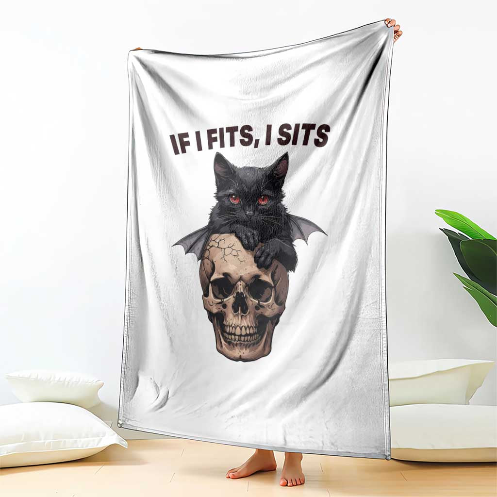 Gothic Cat Skull Graphic Throw Blanket If I Fits I Sits Creepy Cute Gift