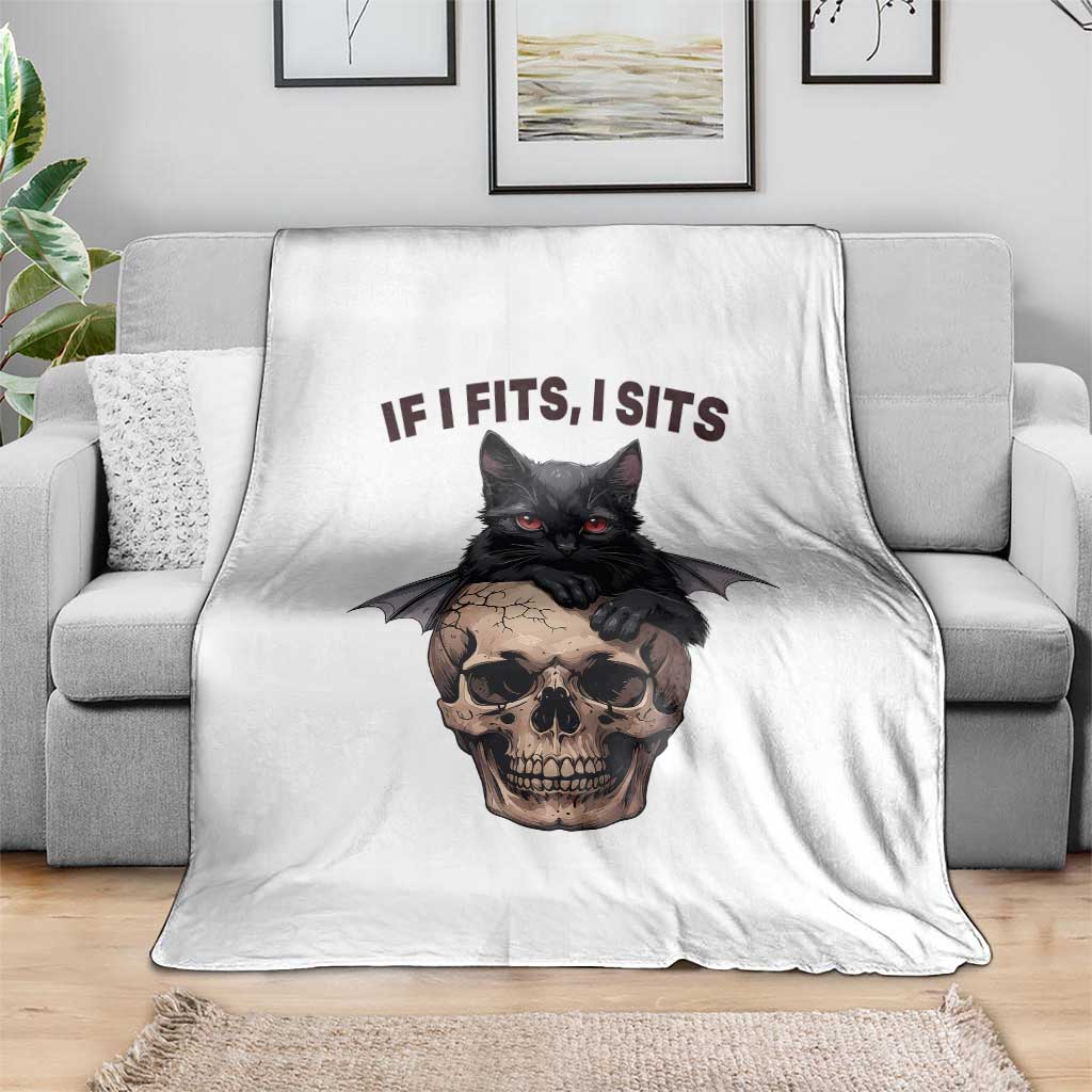 Gothic Cat Skull Graphic Throw Blanket If I Fits I Sits Creepy Cute Gift