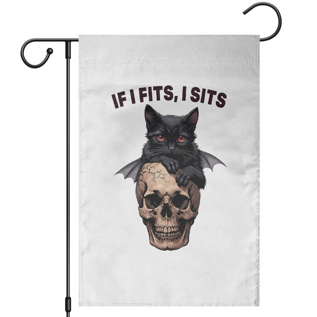 Gothic Cat Skull Graphic Garden Flag If I Fits I Sits Creepy Cute Gift