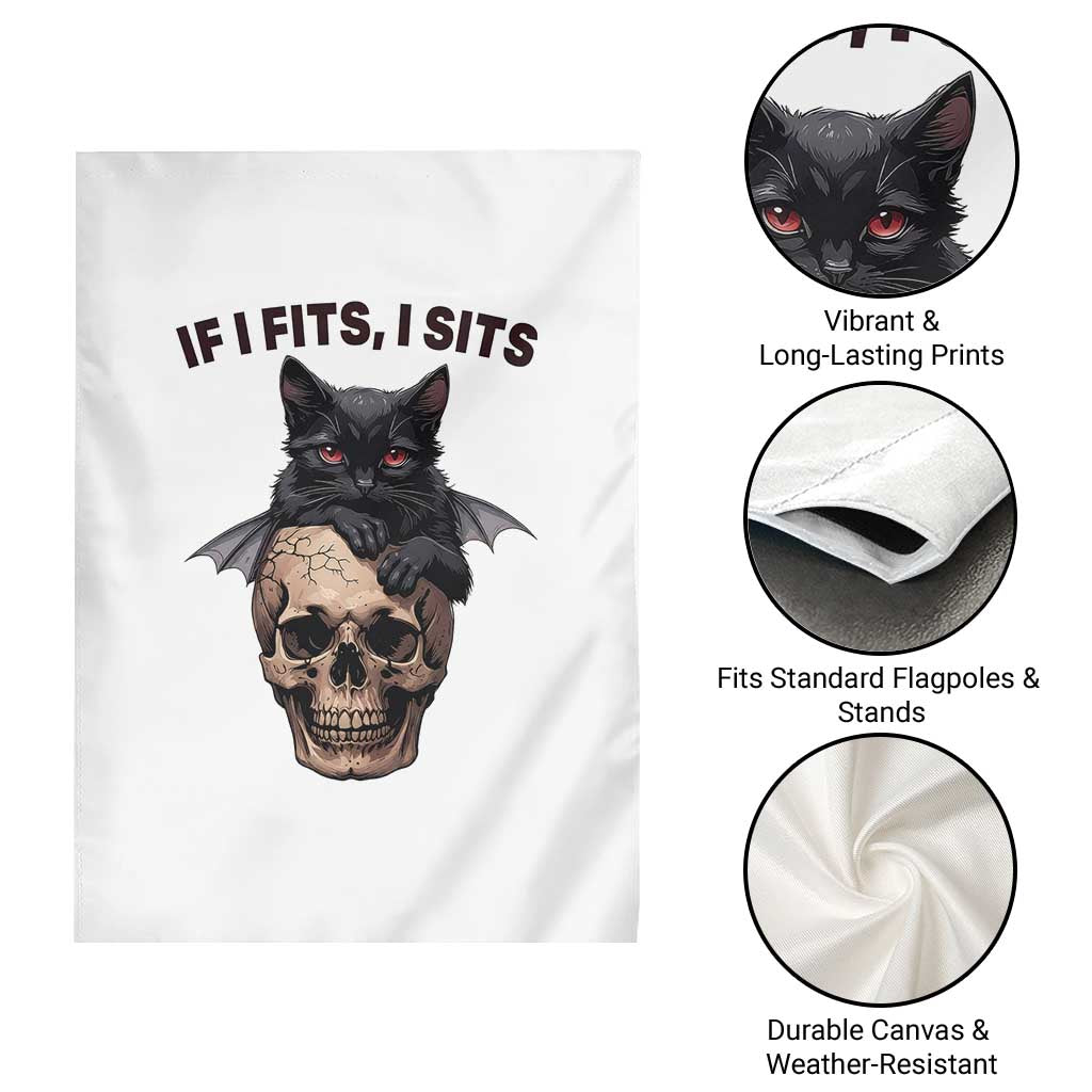 Gothic Cat Skull Graphic Garden Flag If I Fits I Sits Creepy Cute Gift