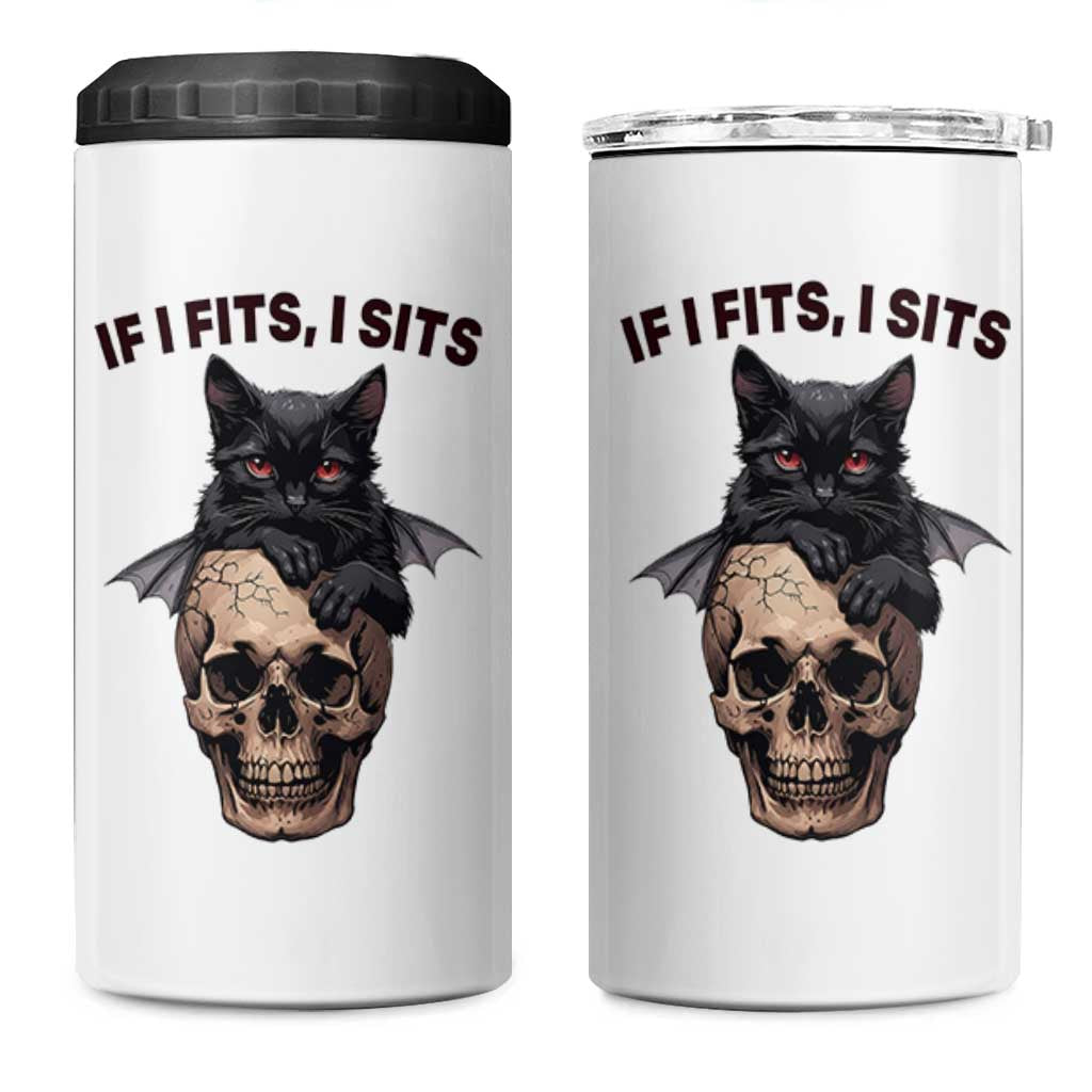 Gothic Cat Skull Graphic 4 in 1 Can Cooler Tumbler If I Fits I Sits Creepy Cute Gift