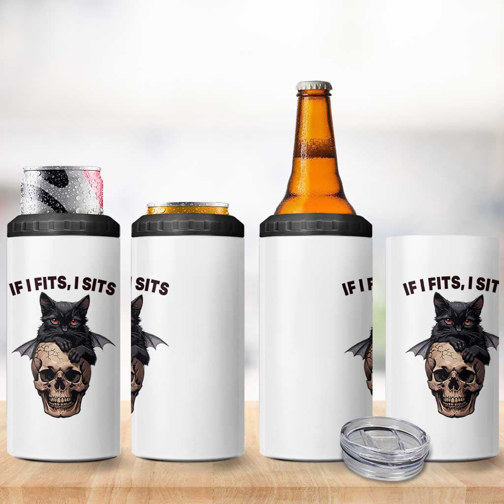 Gothic Cat Skull Graphic 4 in 1 Can Cooler Tumbler If I Fits I Sits Creepy Cute Gift