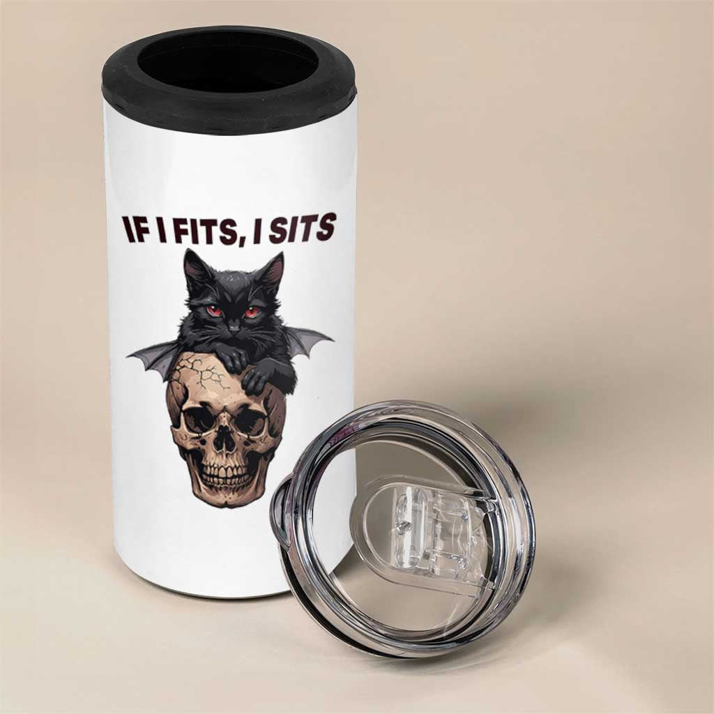 Gothic Cat Skull Graphic 4 in 1 Can Cooler Tumbler If I Fits I Sits Creepy Cute Gift