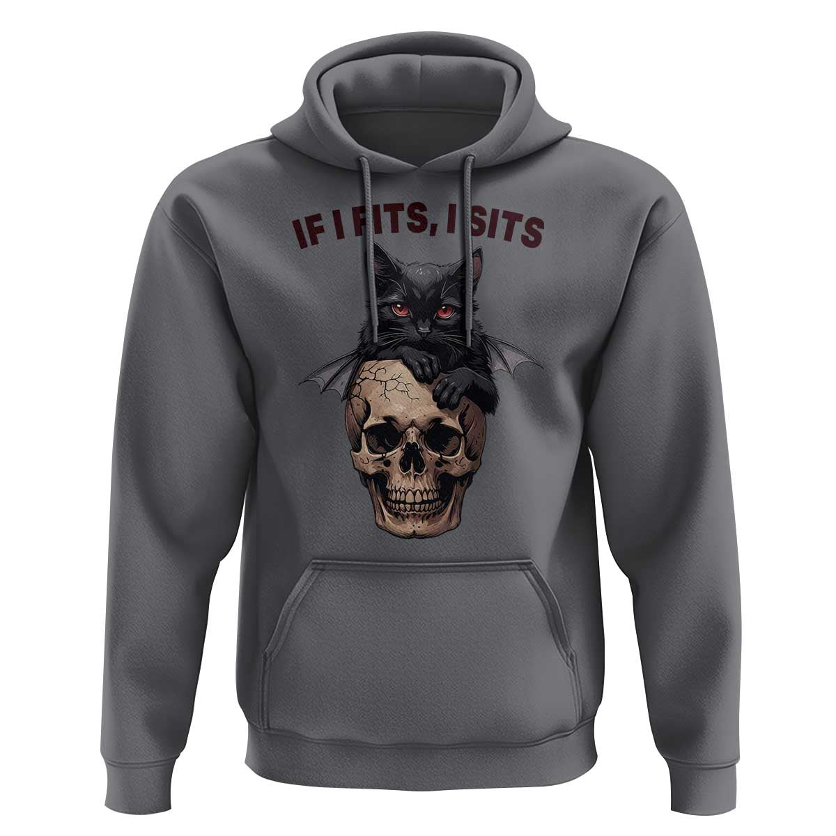Gothic Cat Skull Graphic Hoodie If I Fits I Sits Creepy Cute Gift