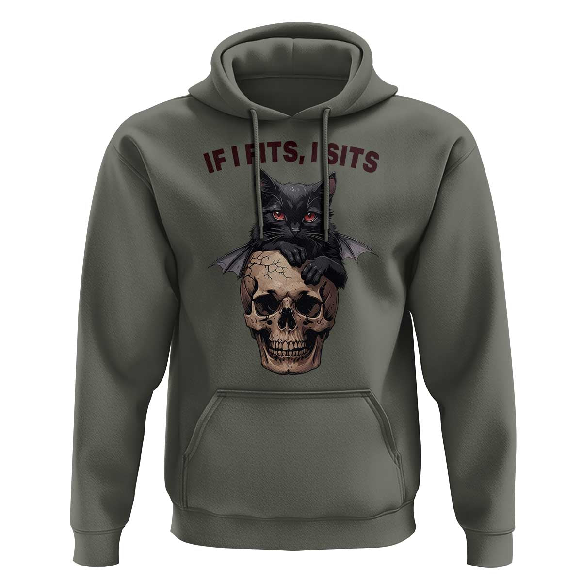 Gothic Cat Skull Graphic Hoodie If I Fits I Sits Creepy Cute Gift