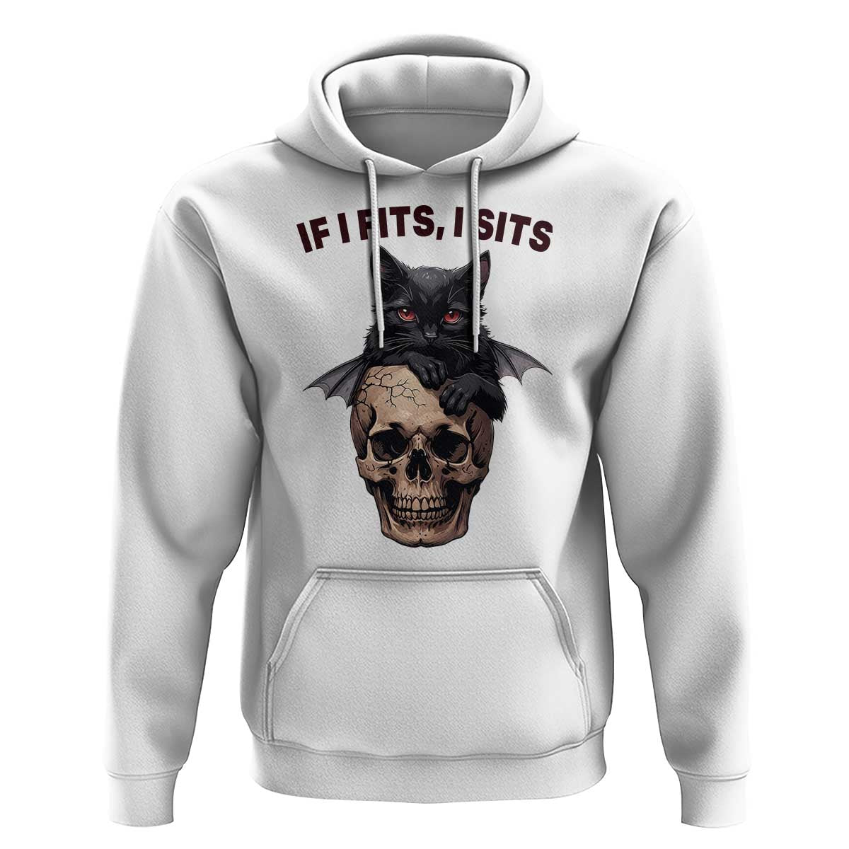 Gothic Cat Skull Graphic Hoodie If I Fits I Sits Creepy Cute Gift